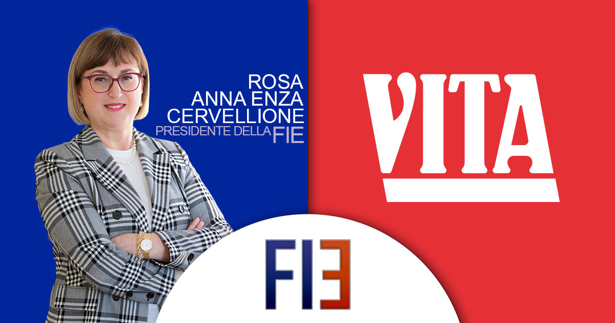 Rosa Cervellione su sfondo blu, logo VITA su sfondo rosso e logo FIE Epilessie in basso